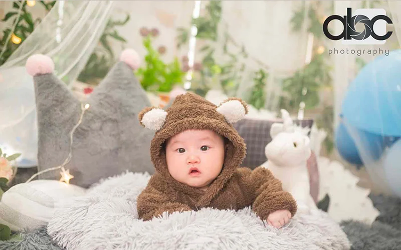 A baby having photoshoot in warm animal clothing