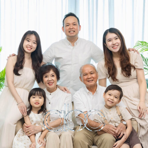 Family portrait photo taken in a studio setting