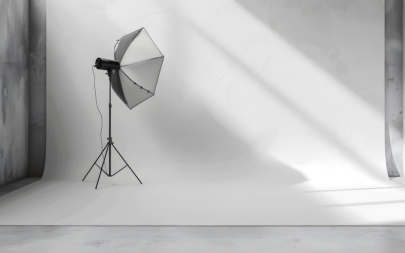 Single studio light with umbrella reflector on white background.