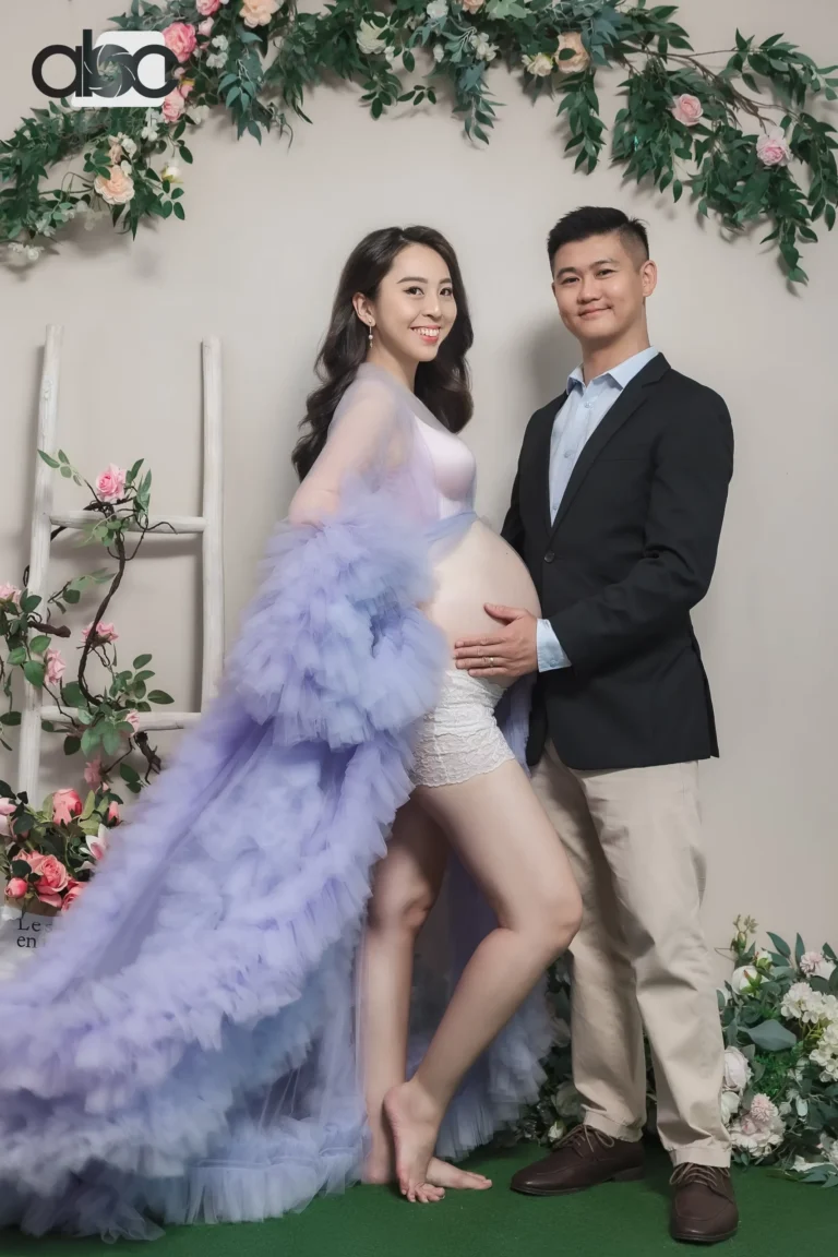 Maternity photoshoot studio Singapore lilac gown