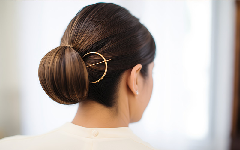 A sleek, low bun with a minimalist gold circular hair pin