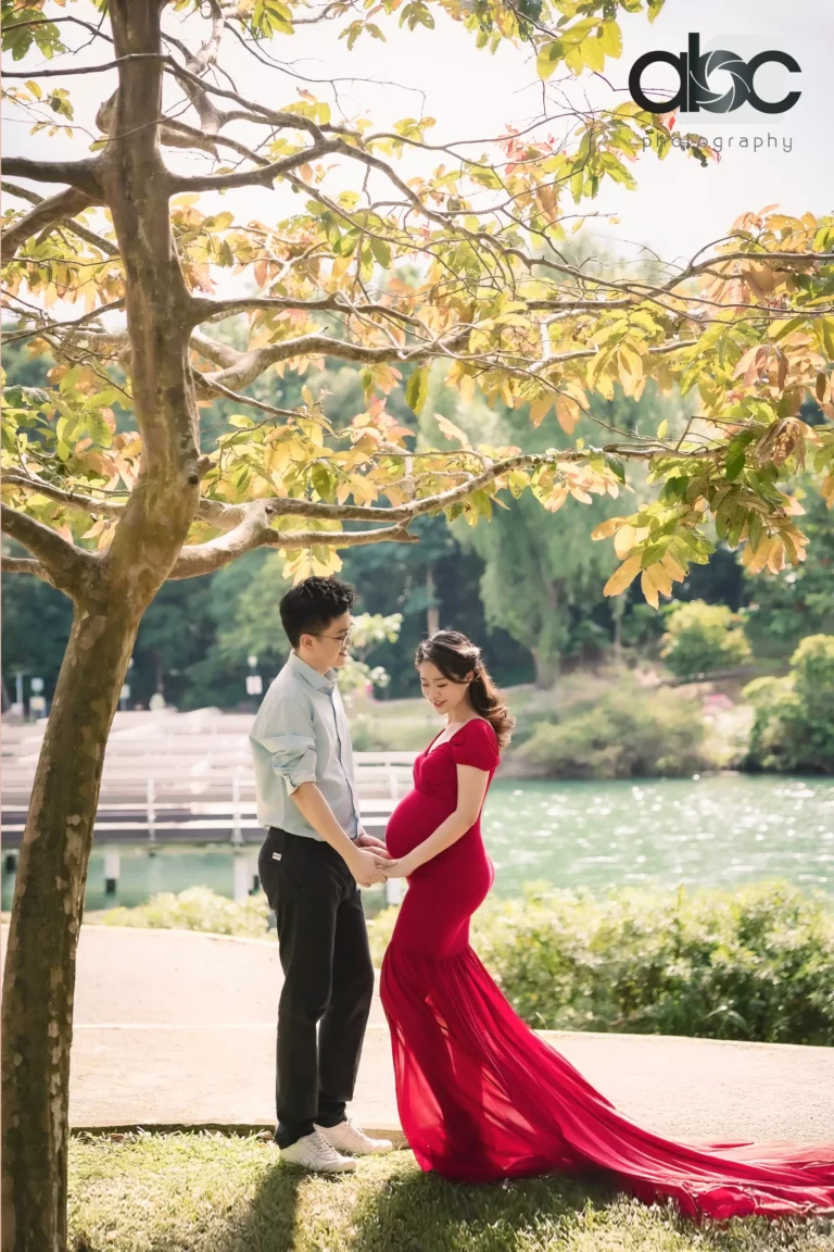 Pregnancy outdoor photoshoot Singapore red gown