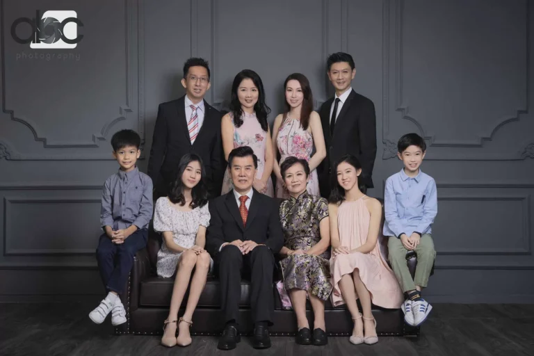 Family studio portrait in formal outfits