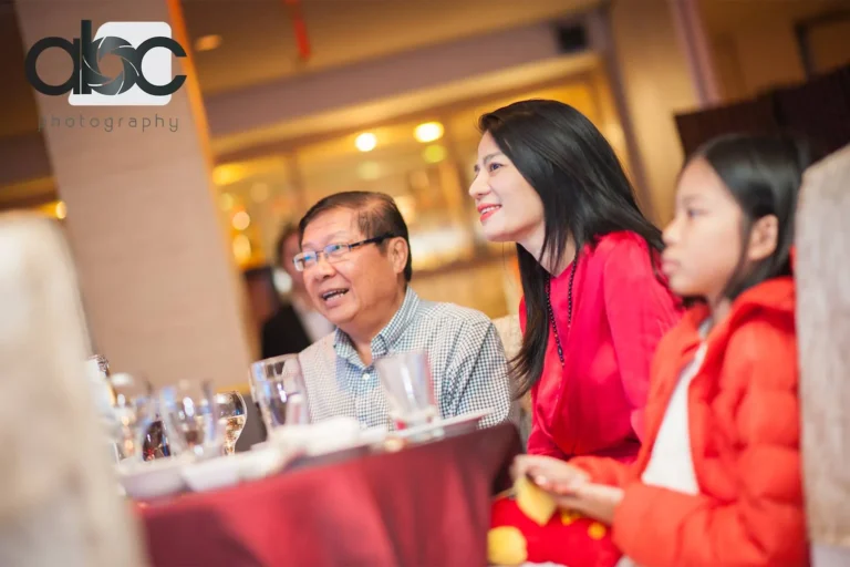 Guests chatting at event dinner