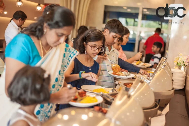 Family dining at buffet event