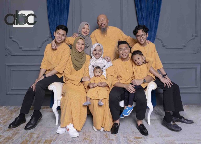 Family portrait in mustard outfits