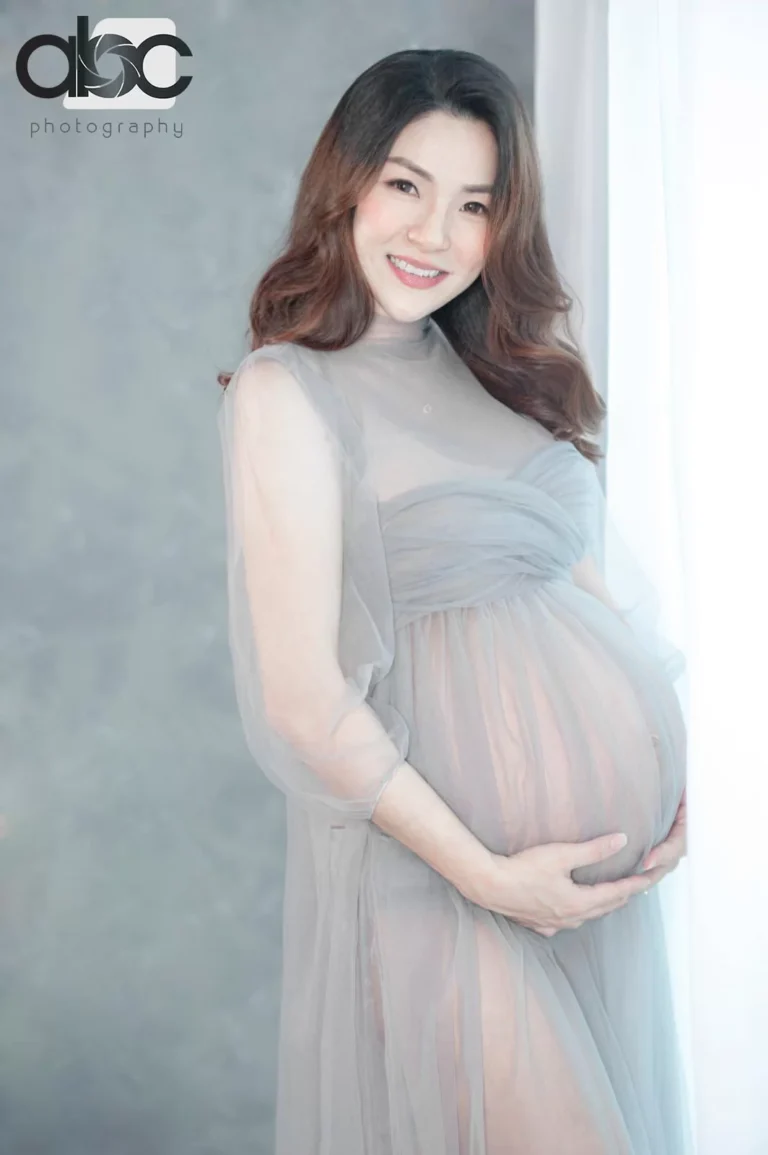 Maternity portrait in sheer grey gown