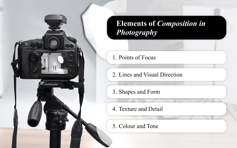 Graphic outlining five primary elements of composition in photography.