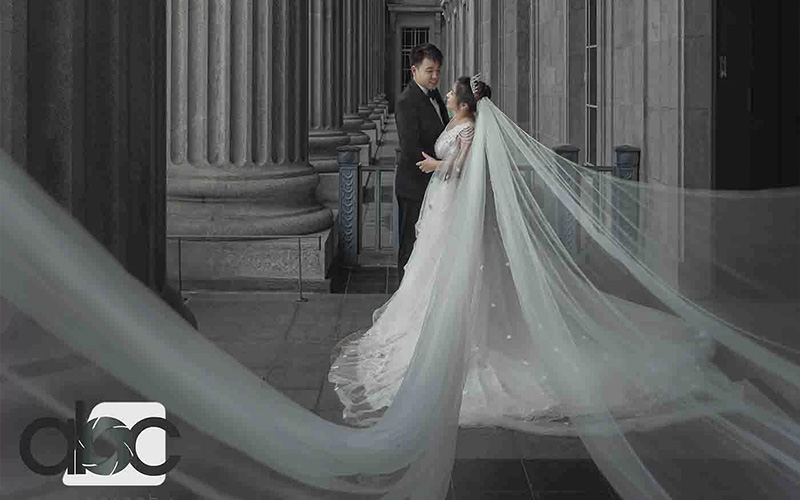 A dramatic black and white wedding portrait of a couple standing among grand classical columns