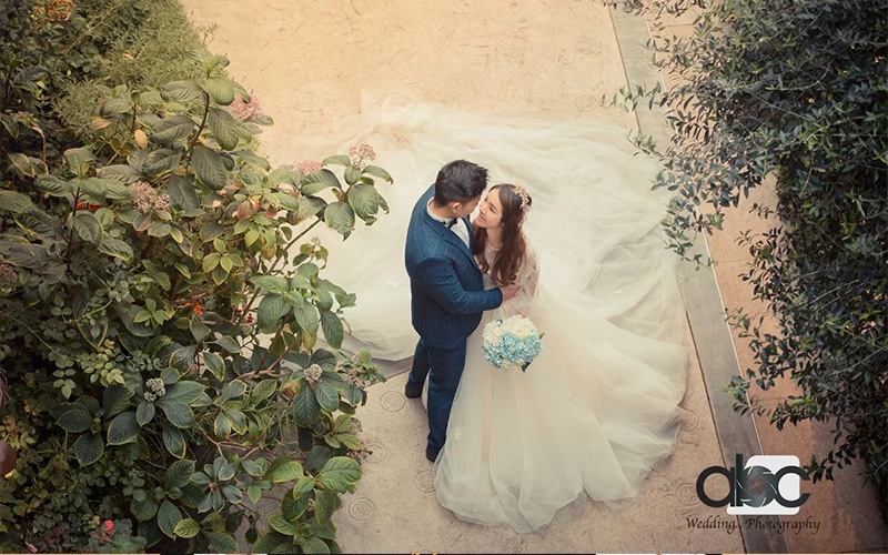 An overhead garden wedding photograph featuring muted